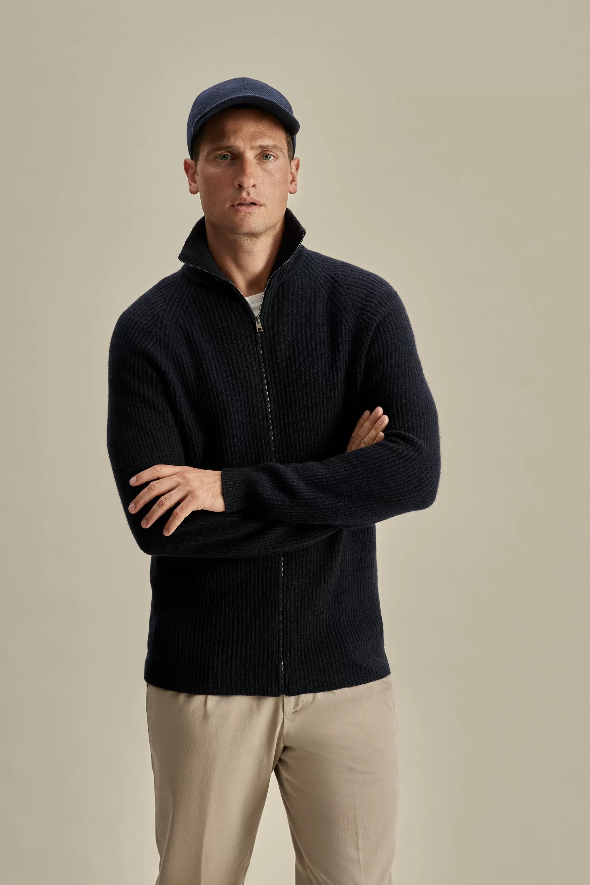 Thom Sweeney Knitwear*Cashmere Zip-Through Fisherman Rib Sweater