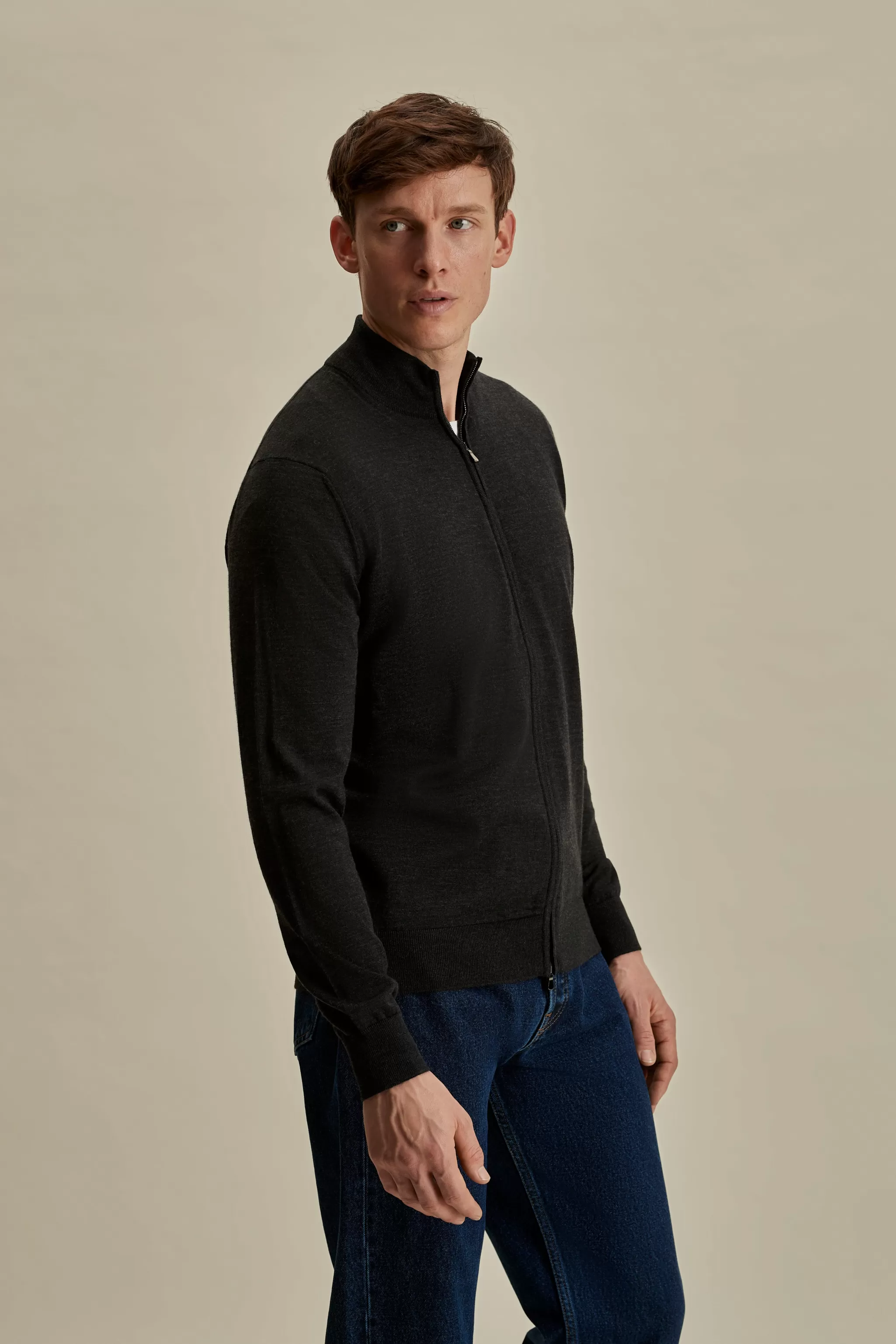 Thom Sweeney Knitwear*Merino Wool Zip-Through Mock Neck Knit