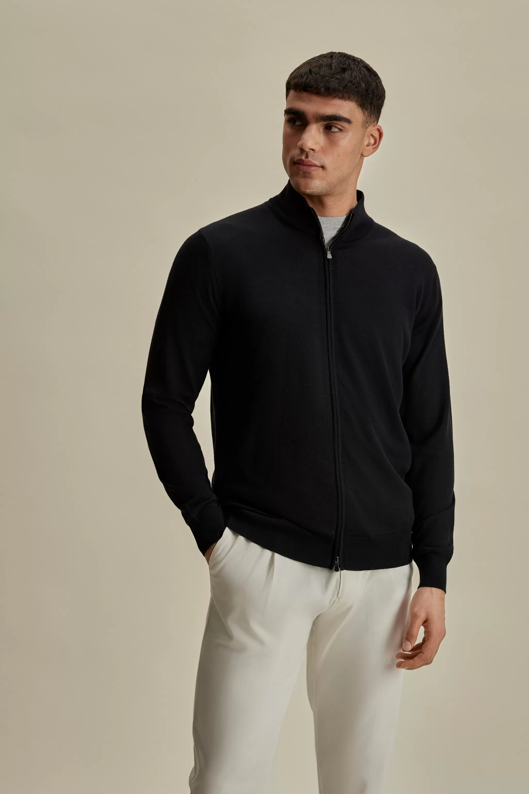 Thom Sweeney Knitwear*Merino Wool Zip-Through Mock Neck Knit