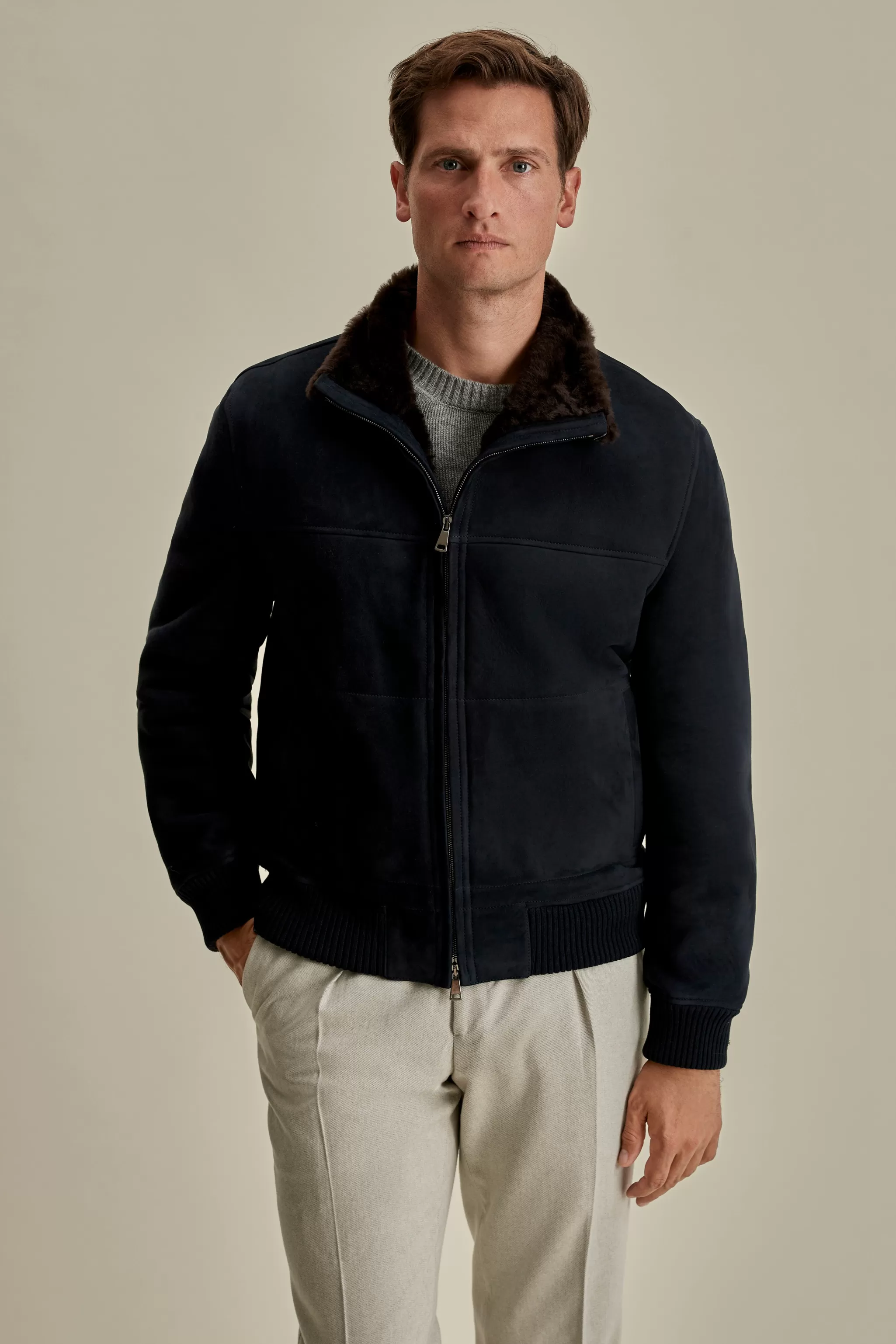 Thom Sweeney Outerwear*Suede Sheepskin Mock Collar Bomber Jacket